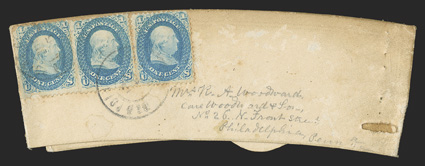 Soldiers letter made from a shirt collar, three examples of the 1c Blue (63, with small faults) tied by c.d.s. town cancel on a paper collar to Philadelphia, letter dated 1862,
fine.<<>>During the Civil War, the scarceness of basic resources