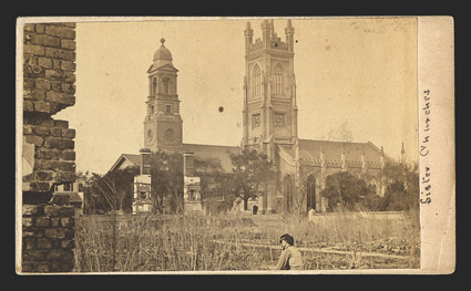 Charleston: Photographs Two war-era carte-de-visite Photographs,, printed by JT Reading of Savannah, both described in pencil on verso. One, attributed to photographer George
Barnard, is of the Cathedral...destroyed by the great fire 1861,