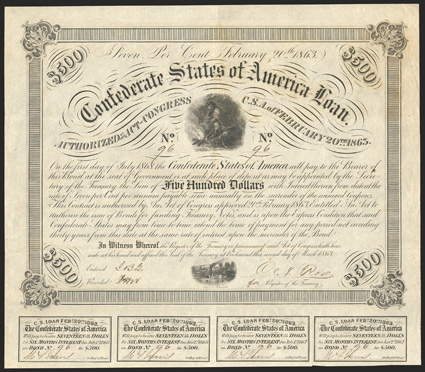 Act of February 20, 1863. $500. Cr. 121, B-220. No. 96. As previous. Signed by Rose. 7 coupons below. Edge wear and light foxing, VF. From The Holger Dreher
Collection