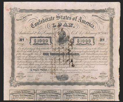 Act of February 20, 1863. $1000. Cr. 122, B-250. Trans-Mississippi Bond. No. 34119. As previous, except issued in Alexandria, La. and endorsed on verso by General Arbuckle.
Similar to B-250 except three line red overprint is a 2 line handwr