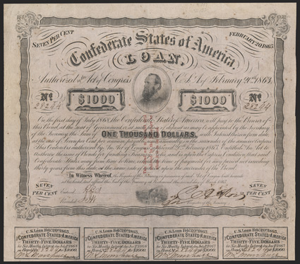 Act of February 20, 1863. $1000. Cr. 122, B-252. Trans-Mississippi Bond. No. 28244. As previous, with three line red overprint on face. Issued and endorsed in Shreveport, La.
by H.J.G. Battle, CSA Depositary. Signed by Rose. 8 coupons below