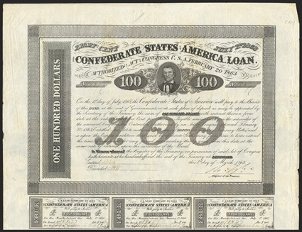 Act of February 20, 1863. $100. Cr. 123A, B-166. No. 18877. As previous. Signed by Tyler. 7 coupons below. Piece out of one coupon, edge wear and soiling right, toning, strong
Fine. From The Holger Dreher Collection