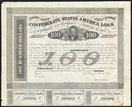 Act of February 20, 1863. $100. Cr. 123A, B-166. Unissued remainder. As previous, but unsigned and unissued. Coupons complete. With engravers name in bottom margin Blackwood.
Uneven toning at right, creases, edge wear, about VF. 