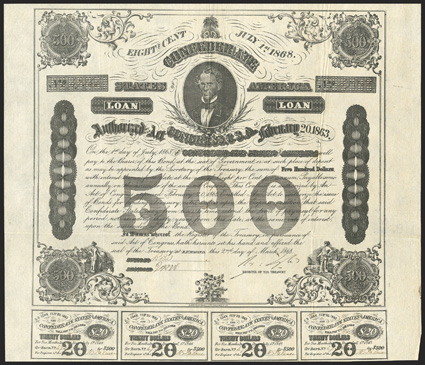Act of February 20, 1863. $500. Cr. X-124, C192. No. 47366. As previous. Signed by Tyler. 7 coupons below. Folds, nick in top edge, VF. From The Holger Dreher
Collection