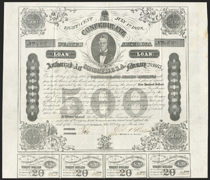 Act of February 20, 1863. $500. Cr. X-124, C192. No. 48107. C.G. Memminger. Different letters in the word LOAN left and right of Memminger portrait. Signed by Rose. Complete
coupons (11). Engravers name Campbell. Fold and edge wear, fo