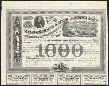 Act of February 20, 1863. $1000. Cr. 125, B-201. No. 35569. As previous. Signed by Tyler. 7 coupons below. Edge wear, folds, a good VF. From The Holger Dreher
Collection