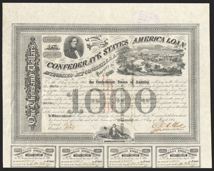 Act of February 20, 1863. $1000. Cr. 125, B-208. Trans-Mississippi Bond. No. 43057. Vignette of Jefferson Davis, view of Richmond in the background, top. Very dejected looking
figure of Liberty at bottom center. Three line red overprint on