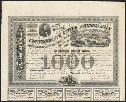 Act of February 20, 1863. $1000. Cr. 125, B-208. Trans-Mississippi Bond. No. 43219. As previous, but three line red overprint on the face This Bond...to be issued. Houston,
Texas, Depositary in black. Endorsed by James Sorley. Signed by