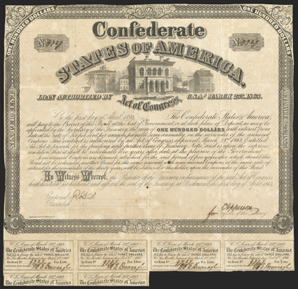 Act of March 23, 1863. $100. Cr. 128, B-260. No. 4729. As previous. Signed by Apperson. 6 coupons below. Edges trimmed into borders, fold wear including tiny holes at
intersections, ink spots, well toned, Fine. From The Holger Dreher