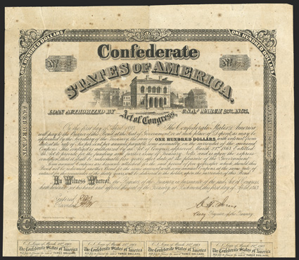 Act of March 23, 1863. $100. Cr. 128A, B-259. No. 373. As previous, except for Engraved by Geo. Dunn & Compy. Richmond, Va.. Signed by Jones. 7 coupons below. Foxed, fold and
edge wear, about VF. From The Holger Dreher Collection<