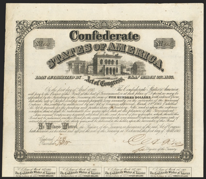 Act of March 23, 1863. $500. Cr. 129A, B-261. No. 603. As previous, except for Engraved by Geo. Dunn & Compy, Richmond, Va. Criswell does not list this imprint. Signed by
Rose. 7 coupons below. Light foxing, edge wear, VF. From Th