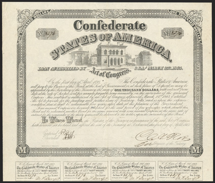 Act of March 23, 1863. $1000. Cr. 130AA, B-266. No. 8276. As previous and 22mm on engravers name distance from border. Signed by Rose. 7 coupons below. Mounting trace on
verso, VF. From The Holger Dreher Collection