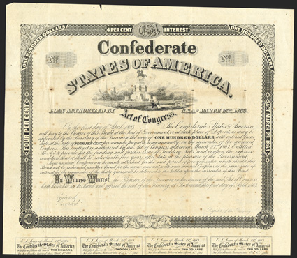Act of March 23, 1863. $100. Cr. 131, B-270. Unissued.  All coupons. Nick in top margin, overall sparse foxing, a strong VF. This variety is extremely rare in issued examples,
and highly desirable in any form.