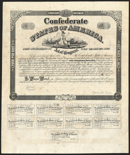 Act of March 23, 1863. $100. Cr. 131, B-270. Unissued remainder. Washington equestrian monument [used in Confederate coat of arms], west of the Virginia capitol in Richmond.
All coupons present with good margins. No engravers name. Uneven to
