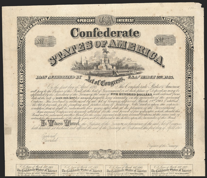 Act of March 23, 1864. $500. Cr. 132, B-272. No serial number. Unissued and unsigned. Similar to previous. Unsigned. Coupons complete (9). Fold wear, edge wear including
chipping at upper right and split in left margin repaired on verso with