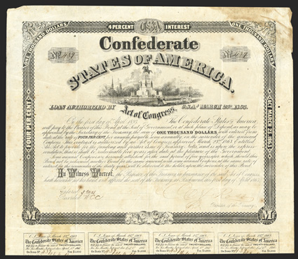 Act of March 23, 1863. $1000. Cr. 133, B-274. No. 439.  Richmond showing Washington Monument. Signed by Rose, Toning and staining to upper right corner, overall foxing, edge
wear, about VF. Issued examples of this type are rare.