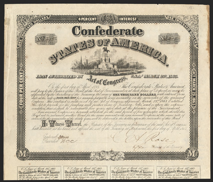 Act of March 23, 1863. $1000. Cr. 133, B-274. No. 415. As previous. Serial number and signature lend an air of a falsely filled in remainder  unissued bond. Forged Rose
signature. 7 coupons below. Heavy stain along right edge, small edge spl