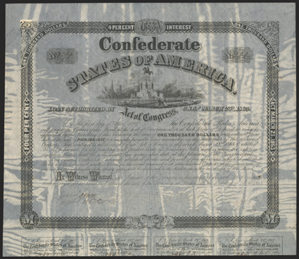Act of March 23, 1863. $1000. Cr. 133, B-274. No. 393. As previous. Falsely filled in with fraudulent Rose signature. 7 coupons below. Extensive staining from exposure to
flood waters in tropical storm Allison in 2001 while stored in a fo