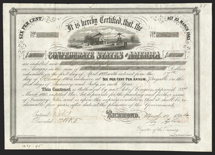 Act of March 23, 1863. $1000. Cr. 134, B-268. No. 1261. Cotton gin and cotton press. Signed by Tyler. Transfer in red on reverse. Interior fold split repaired with tape on
verso, displays above grade VF. From The Holger Dreher Collect