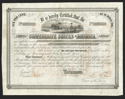 Act of March 23, 1863. $1300. Cr. 134, B-268. No. 69. Cotton gin and cotton press. Red transfer on verso. Signed by Tyler. Geo. Dunn & Co.  Evans & Cogswell. Edge split
repaired on verso with tape displays at higher grade but VF.