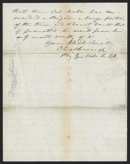 Devens, Charles American statesman and soldier (1820-91) US Attorney General under Rutherford B Hayes Union general during the Civil War. Good war content Autograph Letter
Signed Chas. W. Devens Jr  Brig Gen Vols USA, 1-13 pages, 4to,