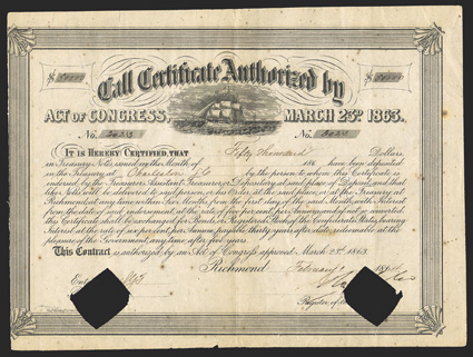 Act of March 23, 1863. $50,000. Cr. 135, B-275. no. 3023. As previous. Signed by Tyler. Hole cancelled. Foxed, toned, about VF. From The Holger Dreher
Collection