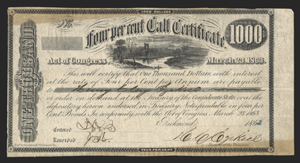 Act of March 23, 1863. $1000. Cr. 136, B-276. No number recorded. Vignette of ruins of Johnstown. According to Ball, all issued examples were redeemed and destroyed, making it
likely that these are falsely issued remainders. Signed by Ezekiel.