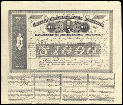 Act of April 30, 1863. $1000. Cr. 138, B-280. No. 2720. As previous. Signed by Tyler. 18 coupons below. Imprint Carine. Light fold and edge wear, good VF. From The Holger
Dreher Collection