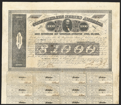 Act of April 30, 1863. $1000. Cr. 138, B-280. No. 8187. As previous. Small 54 in lower right corner, inside border. Coupons complete (20). Imprint Frame. Edge wear along
right, fold wear, foxed, uneven toning, a strong Fine. Fro