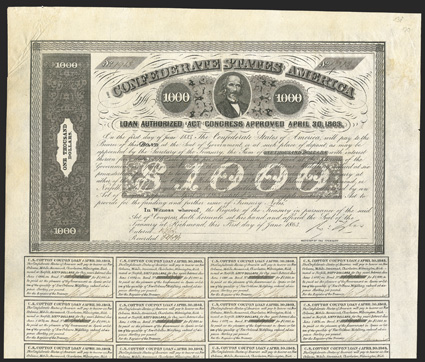 Act of April 30, 1863. $1000. Cr. 138, B-280. No. 1913. As previous. Signed by Tyler. 19 coupons below. Light foxing, edge wear, a strong VF. From The Holger Dreher
Collection