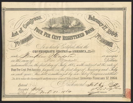 Act of February 17, 1864. $500. Cr. 141A, B-288. No. 2198. As previous. Signed by Tyler. Toned, left edge trimmed to border, light foxing, VF.   From The Holger Dreher
Collection