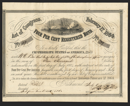 Act of February 17, 1864. $5000. Cr. 141D, B-294. No. 29. No series. Similar vignette to previous. Signed by Tyler. Issued to William E. Bee, President of the Importing &
Exporting Co. of South Carolina, a blockade runner. Toned, with some sh