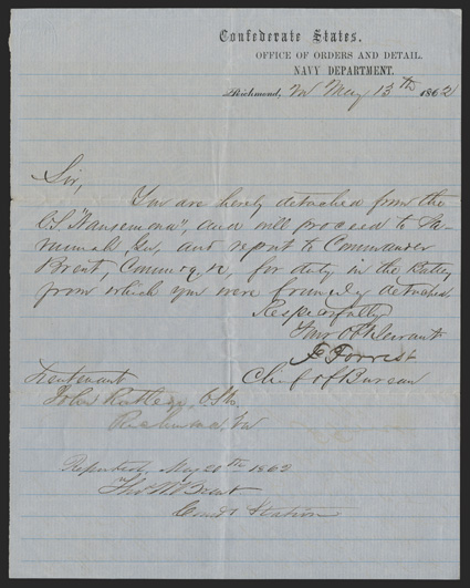 Forrest, French American naval officer (1796-1866) served the US Navy in the War of 1812 and Mexican War before joining the Confederacy commanded the naval yard at Norfolk,
armoring the CSS Virginia later commanded the James River Squadron