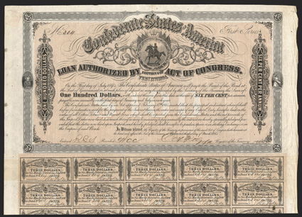 Act of February 17, 1864. $100. Cr. 142, B-296. No. 304. First Series. Confederate seal, center. Black over a pink to dark red tint plate. Signed by Rose. 59 coupons below. J.
Archer  Evans & Cogswell. Edge wear especially at right, toning a