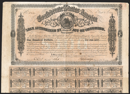 Act of February 17, 1864. $100. Cr. 142, B-299. No. 5210. First Series. As previous, except first coupon was January 1865. Signed by Apperson. 59 coupons below. Fold wear.
foxing, edge wear, about VF. From The Holger Dreher Collection
