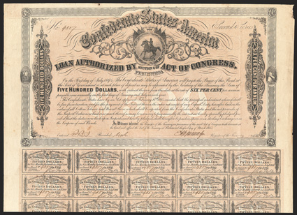 Act of February 17, 1864. Cr. 143A, B-309. No. 4357. Second Series. As previous. Signed by Apperson. 59 coupons below. Edge wear, soiling, foxing, about VF. From The Holger
Dreher Collection