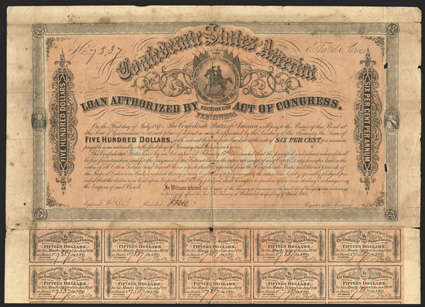 Act of February 17, 1864. $500. Cr. 143B, B-312. No. 7537. Third Series. As previous. Unsigned, partially issued. Imprint 63 and 67 at left side below last row of coupons.
Complete coupons (60). Heavy fold wear including partial splits, e
