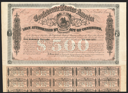 Act of February 17, 1864. $500. Cr. 143C, B-313. No. 7708. Fourth Series. As previous. Forged Tyler signature. Complete coupons (60). Folds, light edge wear, toned, VF. From
The Holger Dreher Collection