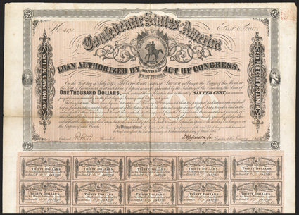 Act of February 17, 1864. $1000. Cr. 144, B-317. No. 4171. First Series. As previous, except for denomination. On thick paper. False Apperson signature. 58 coupons below. Fold
wear, edge wear, partial split at left, soiling, about VF. <