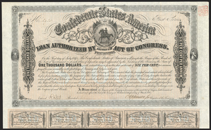 Act of February 17, 1864. $1000. Cr. 144, B-317. No. 8935. First Series. As previous. On thin paper. Signed by Apperson. 60 coupons present out of 61. Edge wear, folds, VF+.
From The Holger Dreher Collection