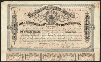 Act of February 17, 1864. $1000. Cr. 144A, B-323. No. 8101. Second Series. As previous. Signed by Apperson. Imprint 33 at bottom left. Complete coupons below (60). Edge and
fold wear, soiling at edges, toned, about VF. From The Ho