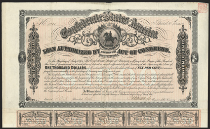 Act of February 17, 1864. $1000. Cr. 144B, B-325. No. 3321. As previous. On thick paper. Signed by Apperson. Imprint 68 and 71 left and right respectively. All coupons present
(60). Edge wear and soiling, folds, VF. From The H