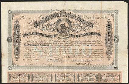 Act of February 17, 1864. $1000. Cr. 144C, B-327. No. 9112. As previous. Signed by Apperson. Imprint 63 NS 13. 58 coupons below. Fold wear, edge wear, foxing, VF. From The
Holger Dreher Collection
