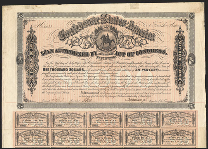 Act of February 17, 1864. $1000. Cr. 144C, B-328. Trans-Mississippi Bond. No. 2438. Fourth Series. As previous, except Fourth Series and reissued on the back by M.J. Hall, CSA
depositary in Marshall, Texas, in black script type with endorse