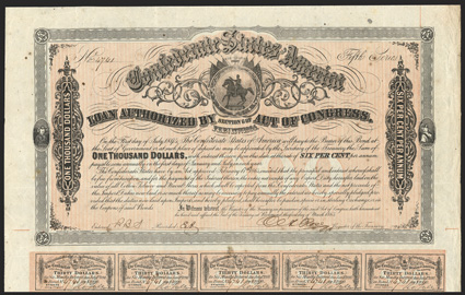 Act of February 17, 1864. $1000. Cr. 144D, B-329. No. 4741. Fifth Series. As previous, except signed by Rose. Imprint 60 and 70 at bottom. Full coupons (60). Edge wear,
foxing, VF. From The Holger Dreher Collection