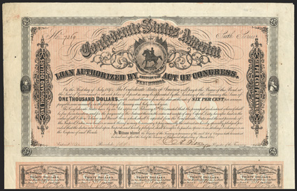 Act of February 17, 1864. $1000. Cr. 144E, B-330. No. 7369. Sixth Series. As previous, but for series and signed by Rose. Rose signature unlisted in Ball on this series.
Imprint 12 at bottom left corner. 59 coupons below. Fold wear, s