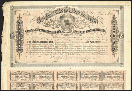 Act of February 17, 1864. $1000. Cr. 144H, B-333. No. 3539.  Fraudulent Tyler signature. 59 coupons, Wear and staining along left edge of coupons, toned, a sharp
VF.