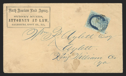 The correspondence of Colonel William Roane Aylett, 42 covers and two cards, all addressed to Aylett in King William County, Virginia (two are addressed to Miss Alice Page
Aylett), most are post-war usages from the late 1860s to the 1880s, there