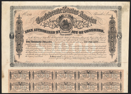 Act of February 17, 1864. $1000. Cr. 144J, B-335. No. 6582. Eleventh Series. As previous. Unsigned and unissued. Complete coupons. Soiling and wear at edges, light foxing, VF.
From The Holger Dreher Collection