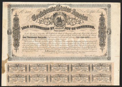 Act of February 17, 1864. $1000. Cr. 144K, B-336. No. 481. Twelfth Series. As previous. Unsigned and unissued. Light foxing, stain at left, VF. From The Holger Dreher
Collection